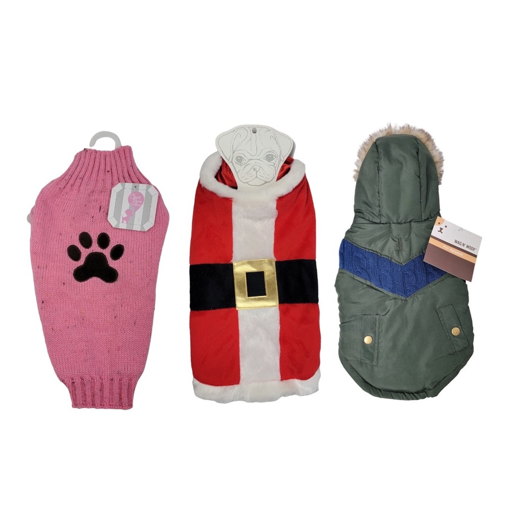 3 Piece Pet Clothing Bundle, Dog Size Medium Sweater, Santa Suit & Jacket.